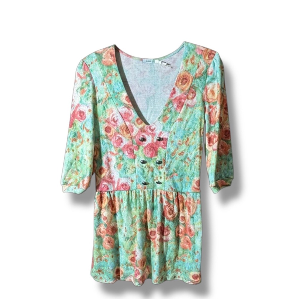 Kimchi Blue Womens Medium Soft Flowy‎ Babydoll Floral 3/4 Sleeve V Neck Top